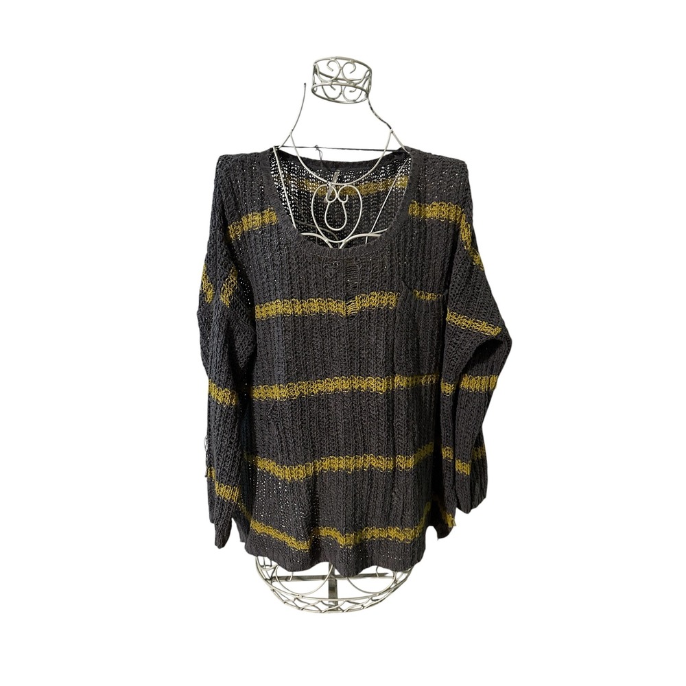 Free People Striped Open Knit Sweater Gray Yellow Oversized Pullover Small